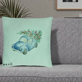 Perna Decorativa Masinuta Albastra cu Brad de Craciun, 40x40 cm, Verde Menta, Husa Detasabila, Perna Inclusa, BEKZ®