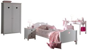 Set AMORI în alb este compusă dintr-un Pat copii (90 x 200 cm) și somieră asortată cu cadru fix, o noptieră, un Dulap camera copii cu 2 uși și un