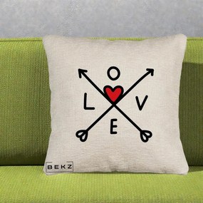Perna Decorativa Love cu Sageti Incrucisate si Inima Rosie, 40x40 cm, Bej Canapea, Husa Detasabila, Perna Inclusa, BEKZ®