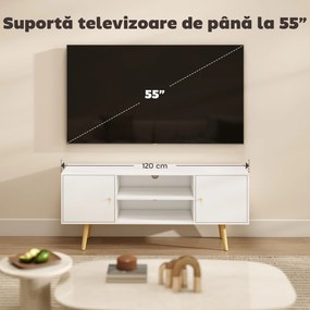 HOMCOM Cabinet TV 55" cu 2 Dulapuri, Uși și 2 Rafturi Deschise, Consolă TV din Lemn și PAL, 120x34x50 cm, Alb | Aosom Romania