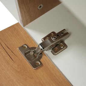 Comodă modernă cu spațiu de depozitare, alb lucios și aspect de lemn, 130x40x70 cm, Alb