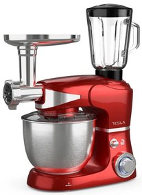 Robot de bucatarie cu bol de otel Tesla KR600RA, 1000W, 5 litri, Blender, Mixer, Masina de tocat carne, Rosu metalic
