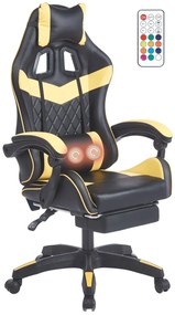 Scaun gaming, sistem iluminare bandă LED RGB, masaj în perna lombară, suport picioare, Negru/Galben