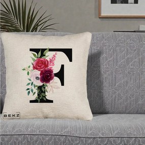 Cadou Personalizat - Perna Personalizata Monograma Florala Litera F, 40x40 cm, Bej Canapea, Husa Detasabila, Perna Inclusa, BEKZ®