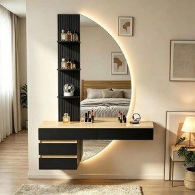 Masuta machiaj cu Oglinda LED si 4 Sertare pentru Cosmetice, Set Masa toaleta 106 cm, Alb - Maro, masuta cosmetica, vanity cu Riflaj si Rafturi -
