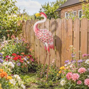 Outsunny Statuie de Grădină Flamingo, Sculptură de Pasăre din Metal cu Pene Florale, 28 x 19 x 83 cm, Roșu | Aosom Romania