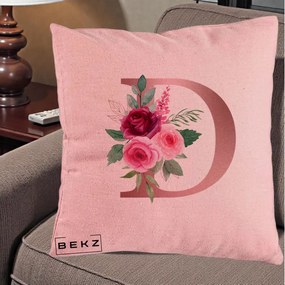 Cadou Personalizat - Perna Personalizata Monograma Rose Gold Litera D, 40x40 cm, Roz, Husa Detasabila, Perna Inclusa, BEKZ®