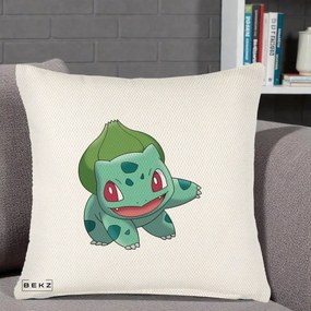 Perna Personalizata Bulbasaur Pokemon, 40x40 cm, Crem Reliefat, Husa Detasabila, Perna Inclusa, BEKZ®