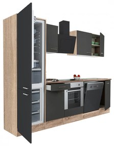 Mobilă de bucătărie Yorki 280, corp din stejar sonoma, față antracit satinat cu element cuptor inferior și frigider congelator inferior