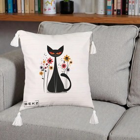 Perna Decorativa Pisica Neagra Ochi Rosii Flori, 40x40 cm, Bej cu Franjuri, Husa Detasabila, Perna Inclusa, BEKZ®