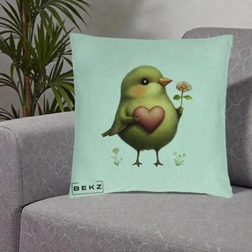 Perna Decorativa Pasare Verde cu Inima si Floare, 40x40 cm, Verde Menta, Husa Detasabila, Perna Inclusa, BEKZ®