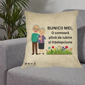 Cadou pentru Bunici - Perna Personalizata Bunicii Mei Comoara Cuplu Senior cu Flori Colorat, 40x40 cm, Crem, Husa Detasabila, Perna Inclusa, BEKZ®