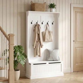 HOMCOM Cuier de Podea cu Bancă pentru Pantofi și 5 Cârlige, MDF, 96L x 34I x 179,7Î cm, Crem | Aosom Romania