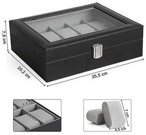Cutie pentru ceasuri, Songmics, capacitate 20.2 x 25.5 x 7.8 cm, JWB010BK, Gri