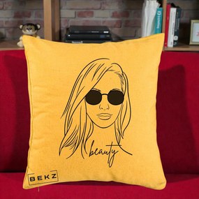Perna Decorativa Beauty Girl Line Art, 40x40 cm, Galben, Husa Detasabila, Perna Inclusa, BEKZ®