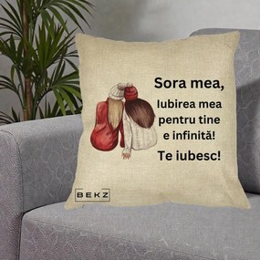 Cadou pentru Sora - Perna Personalizata Sora Mea Te Iubesc Doua Fete Iarna Acuarela, 40x40 cm, Crem, Husa Detasabila, Perna Inclusa, BEKZ®
