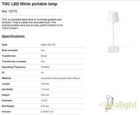 Lampa LED portabila iluminat exterior stil clasic TOC alba 70775