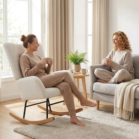 HOMCOM Balansoar, Fotoliu din Catifea Teddy, Scaun Relax cu Picioare din Lemn, Balansoar pentru Dormitor și Living, Alb Crem | Aosom Romania
