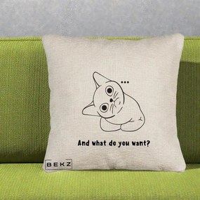Perna Decorativa And What Do You Want Cat, 40x40 cm, Bej Canapea, Husa Detasabila, Perna Inclusa, BEKZ®