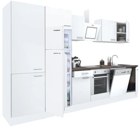 Mobilă de bucătărie Yorki 340, corp alb, față alb satinat, element inferior cuptor, dulap cu rafturi și frigider congelator superior