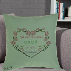 Cadou pentru Mama - Perna Personalizata Esti Cea mai Buna Mama din Lume La Multi Ani cu Inima Florala, 40x40 cm, Verde, Husa Detasabila, Perna Inclusa, BEKZ®