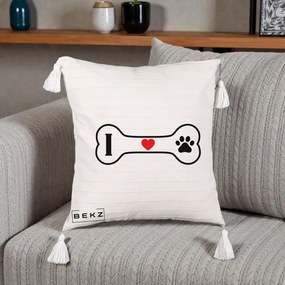 Perna Personalizata I Love Dog Os si Labuta, 40x40 cm, Bej cu Franjuri, Husa Detasabila, Perna Inclusa, BEKZ®