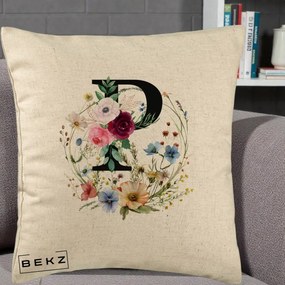 Cadou Personalizat - Perna Personalizata Monogram Litera P cu Flori Acuarela, 40x40 cm, Bej, Husa Detasabila, Perna Inclusa, BEKZ®