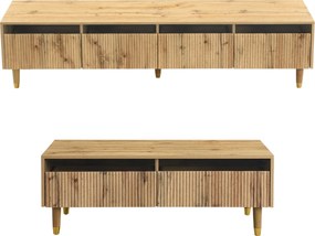 Set mobilier LED modern, comodă TV cu 4 uși &amp; masă de cafea cu 2 sertare, 178x35x45+110x50x40 cm, Culoare naturală