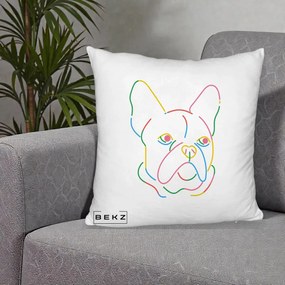 Perna Decorativa Bulldog Francez Line Art Curcubeu, 40x40 cm, Alb Pufos, Husa Detasabila, Perna Inclusa, BEKZ®