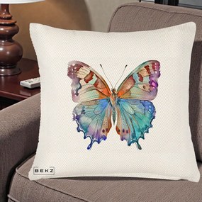 Perna Decorativa Fluture Acuarela Multicolor Portocaliu-Bleu-Mov, 40x40 cm, Crem Reliefat, Husa Detasabila, Perna Inclusa, BEKZ®
