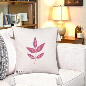Perna Decorativa Ramura Botanica Mov, 40x40 cm, Bej cu Franjuri, Husa Detasabila, Perna Inclusa, BEKZ®