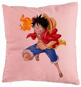 Perna Decorativa cu One Piece Luffy, 40x40 cm, Roz, Husa Detasabila, Burduf