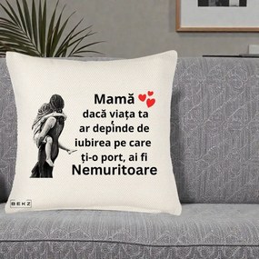 Cadou pentru Mama - Perna Personalizata Mama Nemuritoare Gravura Vintage, 40x40 cm, Crem Reliefat, Husa Detasabila, Perna Inclusa, BEKZ®