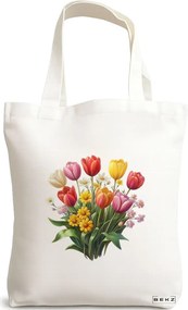 Sacosa de Panza pentru Cumparaturi, Geanta Tote, model Flowers 10 38 x 34.5 cm, Alba, BEKZ®