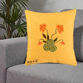 Perna Decorativa Trandafiri si Bujori Acuarela, 40x40 cm, Galben, Husa Detasabila, Perna Inclusa, BEKZ®