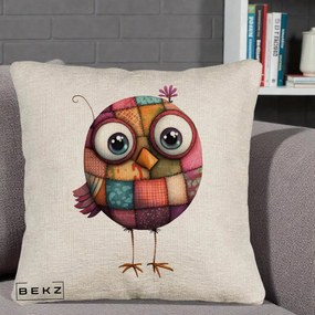 Perna Decorativa Pasare Patchwork Roz cu Floare, 40x40 cm, Bej Canapea, Husa Detasabila, Perna Inclusa, BEKZ®