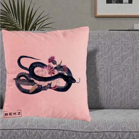 Perna Decorativa Sarpe Negru cu Flori Gothic, 40x40 cm, Roz, Husa Detasabila, Perna Inclusa, BEKZ®