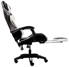 JAKS PREMIUM SCAUN GAMING REGLABIL ECO - PIELE NEGRU-ALB + PERNĂ DE MASAJ
