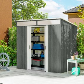 Outsunny Căsuță de Grădină 6.5 x 4FT din Metal Galvanizat cu Fundație, Magazin cu Uși Duble Culisante și 2 Guri de Aerisire, Gri | Aosom Romania