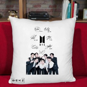 Perna Personalizata K-pop BTS Autografe Toti Membrii cu Fotografie, 40x40 cm, Alb Pufos, Husa Detasabila, Perna Inclusa, BEKZ®