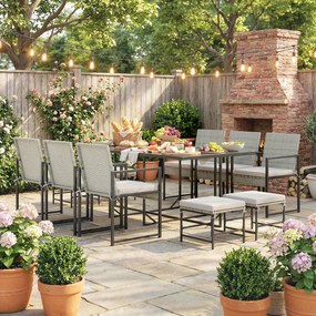 Outsunny Set de dining pentru patio 11 piese, mobilier exterior cu 6 fotolii, 4 pouf, gri | Aosom Romania