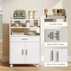 HOMCOM Dulap pentru Cuptorul cu Microunde cu Roți, Bufet de Bucătărie cu Sertar, Blat pentru Electrocasnice, Dulap cu 2 Uși, Raft Glisant și Raft Deschis, Cărucior de Bucătărie pentru Sufragerie, 59x40x92cm, Alb | Aosom Romania