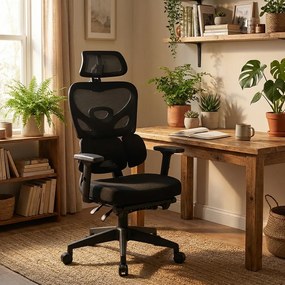 Scaun ergonomic, Suport Lombar 3 Zone Dinamice, Spătar ajustabil pe inaltime, cotiere 3D, tetiera 3D, suport pentru picioare, umeras, pivotant, Mesh, Negru