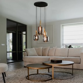 Lampă suspendată neagră cu auriu cu sticlă fumurie 5 lumini - Zuzanna