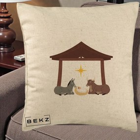 Perna Decorativa Ieslea din Betleem cu Iesle Asin si Bou, 40x40 cm, Bej, Husa Detasabila, Perna Inclusa, BEKZ®