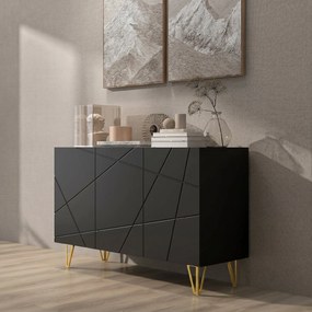HOMCOM Dulap de Depozitare cu 2 Dulapuri și Raft Reglabil pe 3 Niveluri, Bufet Modern din PAL și Metal, 120x40x75 cm, Negru și Auriu | Aosom Romania