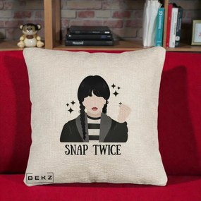 Perna Personalizata Wednesday Snap Twice, 40x40 cm, Bej Canapea, Husa Detasabila, Perna Inclusa, BEKZ®