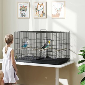 PawHut Colivie pentru Păsări cu Separator, Raft Inferior, 4 Stinghii și 4 Hrănitoare, 94x57x57 cm, Negru | Aosom Romania