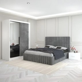 Set Mobila De Dormitor Luca Gri, pat tapitat 160x200cm, dulap cu oglinda 150x210cm, noptiere