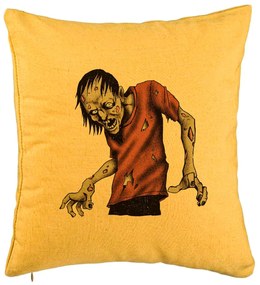 Perna Decorativa cu motiv Zombie de Halloween 1, 40x40 cm, Galben, Husa Detasabila, Burduf